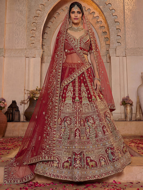 Aesthetic Red Zari Embroidery Silk Bridal Lehenga Choli With Double Dupatta