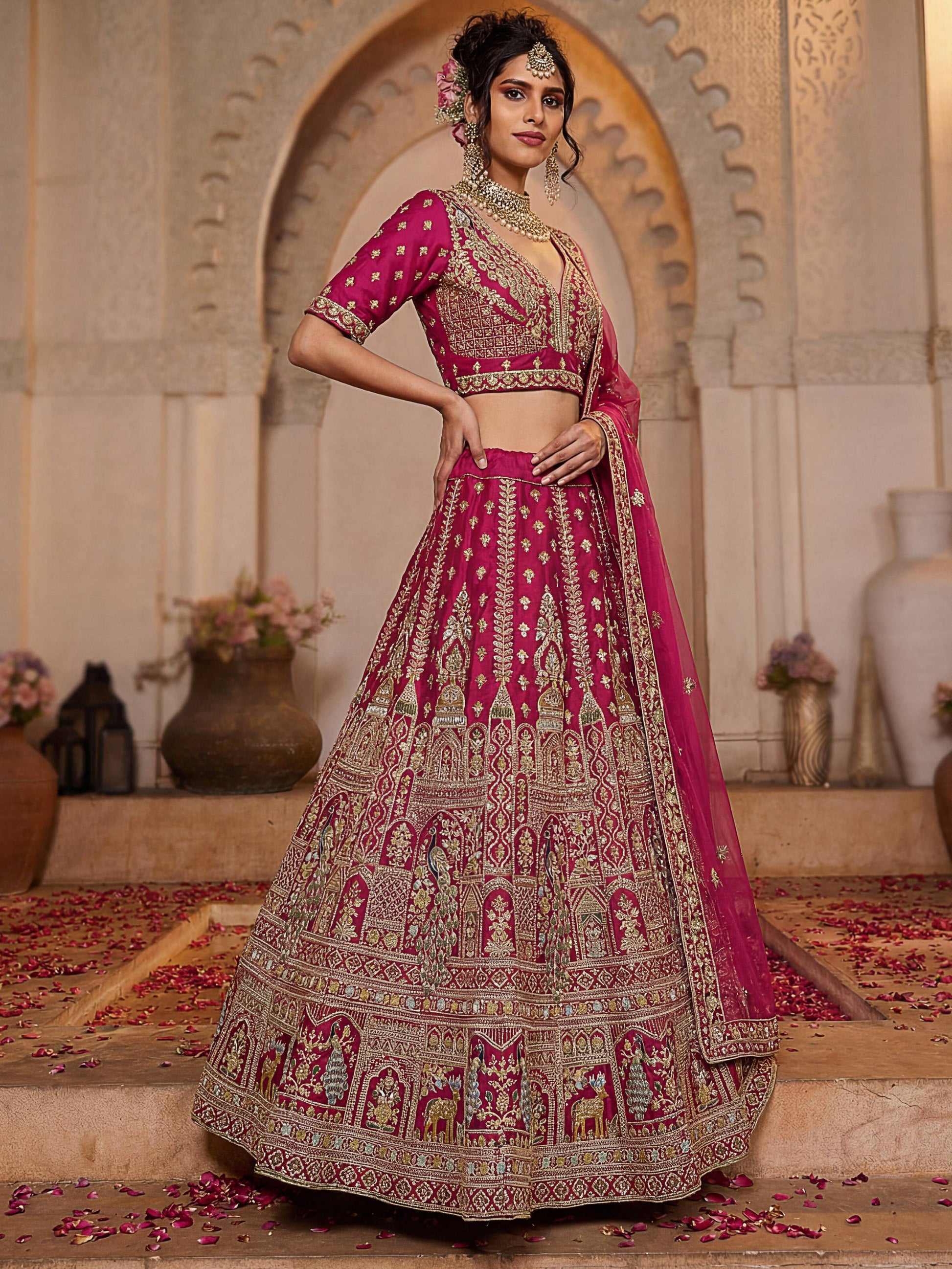 Noteworthy Pink Thread Work Silk Bridal Lehenga Choli With Double Dupatta