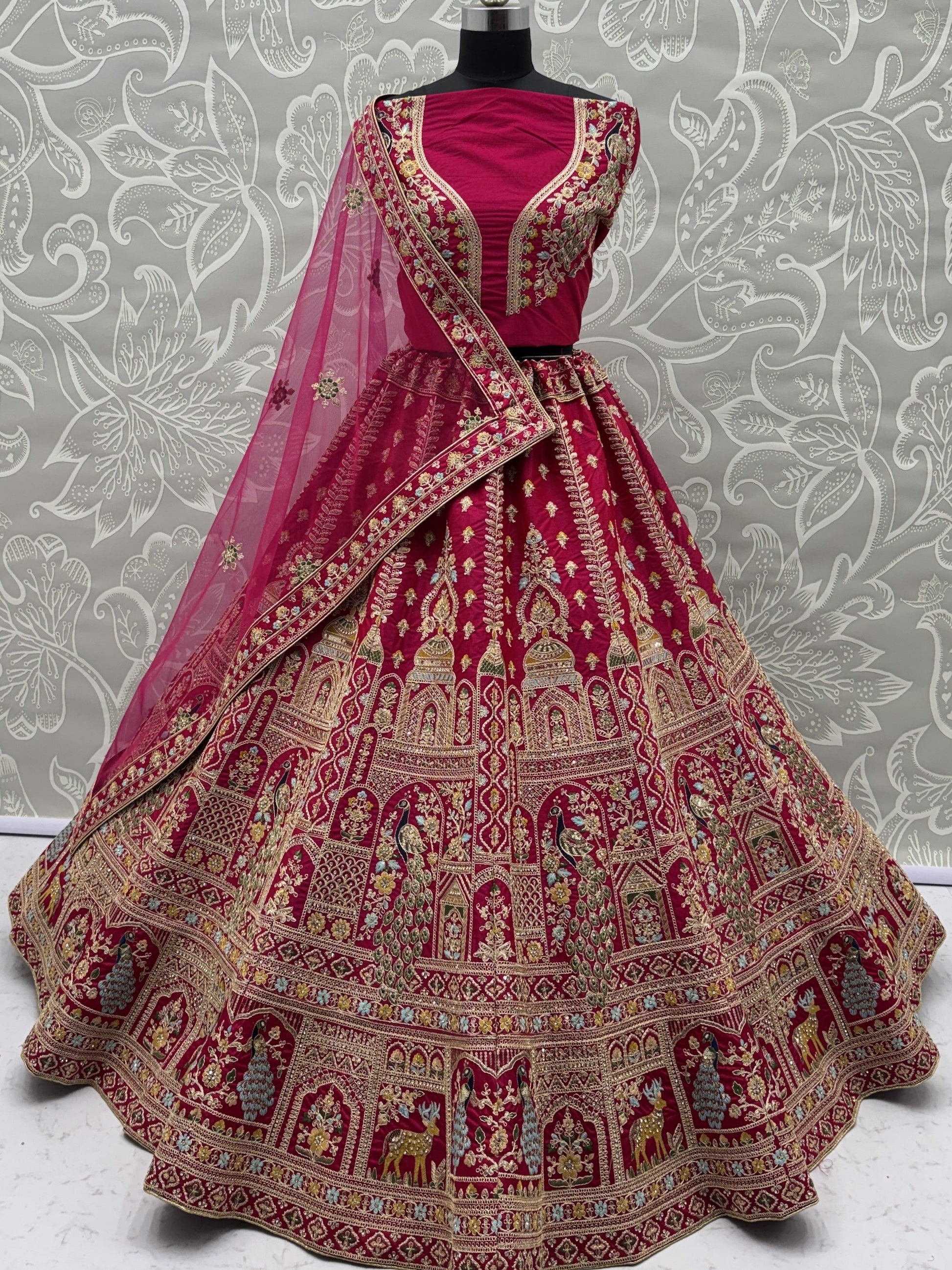 Noteworthy Pink Thread Work Silk Bridal Lehenga Choli With Double Dupatta
