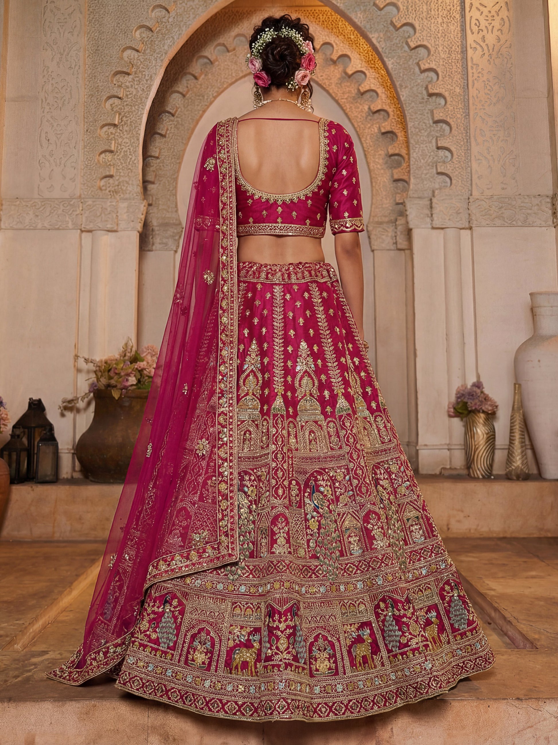 Noteworthy Pink Thread Work Silk Bridal Lehenga Choli With Double Dupatta