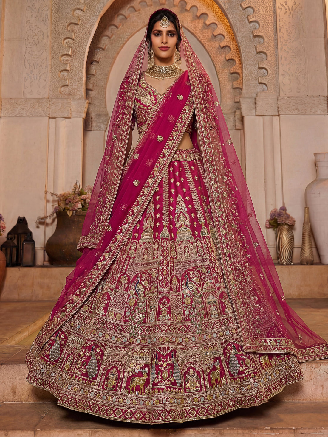 Noteworthy Pink Thread Work Silk Bridal Lehenga Choli With Double Dupatta