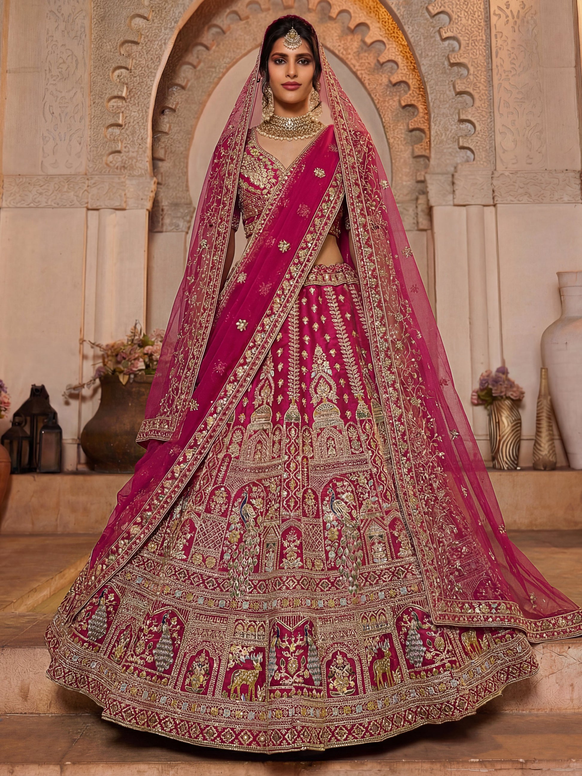 Noteworthy Pink Thread Work Silk Bridal Lehenga Choli With Double Dupatta