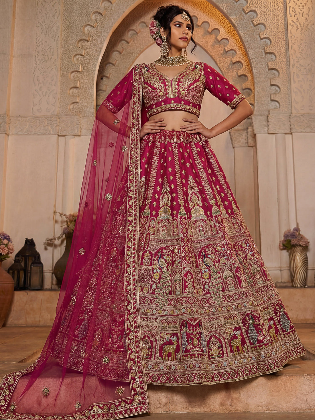 Noteworthy Pink Thread Work Silk Bridal Lehenga Choli With Double Dupatta
