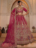 Noteworthy Pink Thread Work Silk Bridal Lehenga Choli With Double Dupatta