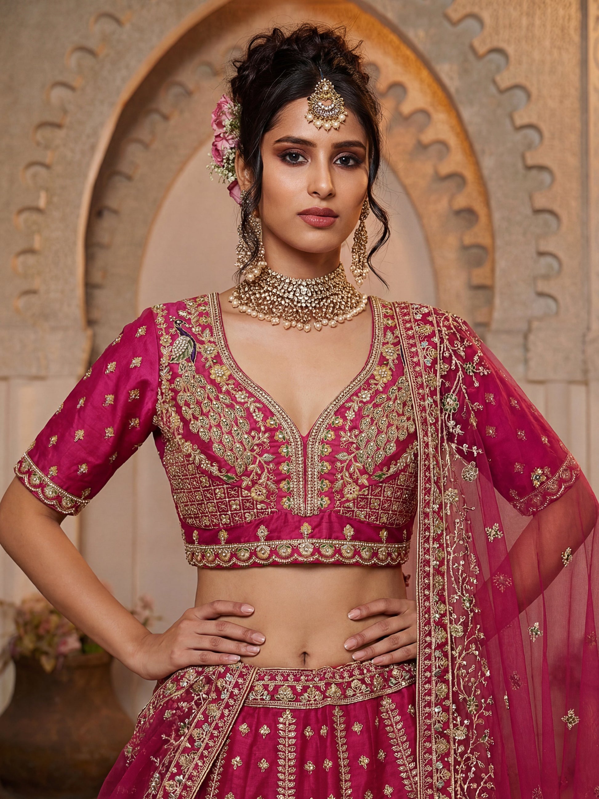 Noteworthy Pink Thread Work Silk Bridal Lehenga Choli With Double Dupatta
