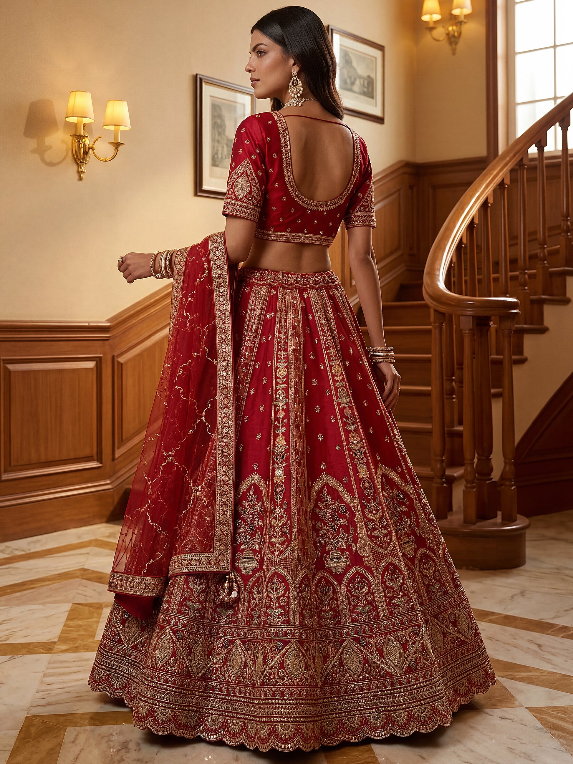 Lovely Red Thread Embroidered Silk Wedding Lehenga Choli With Dupatta