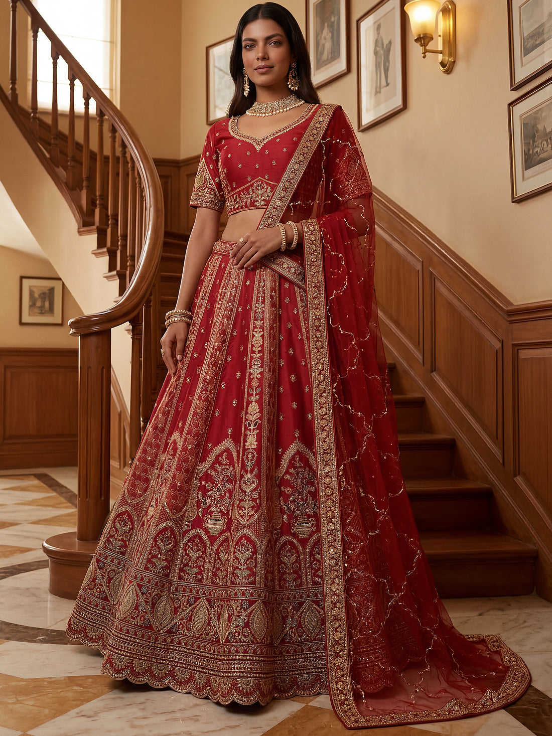 Lovely Red Thread Embroidered Silk Wedding Lehenga Choli With Dupatta