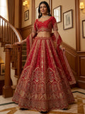 Lovely Red Thread Embroidered Silk Wedding Lehenga Choli With Dupatta
