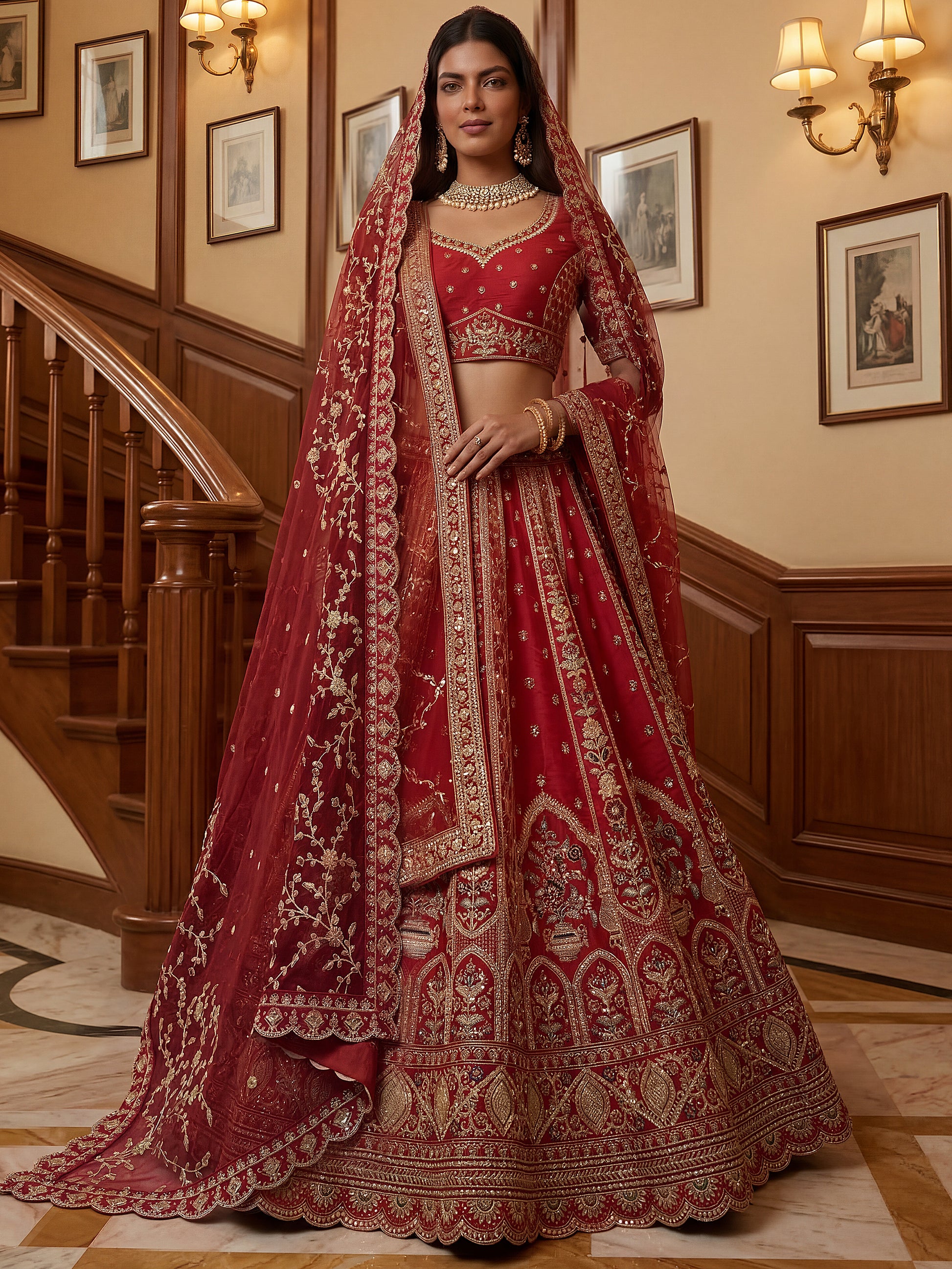 Lovely Red Thread Embroidered Silk Wedding Lehenga Choli With Dupatta