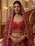 Lovely Red Thread Embroidered Silk Wedding Lehenga Choli With Dupatta