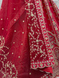 Lovely Red Thread Embroidered Silk Wedding Lehenga Choli With Dupatta