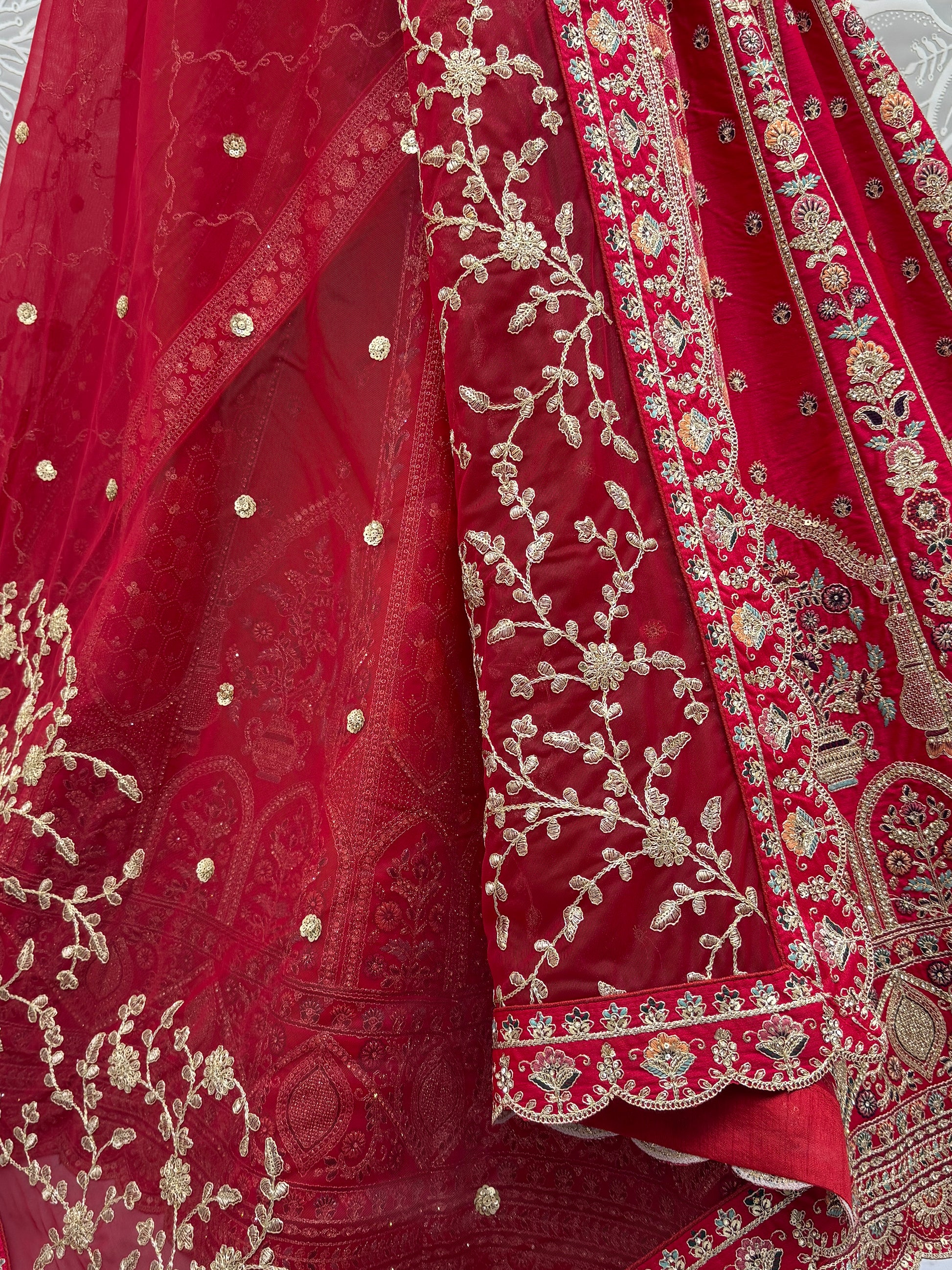 Lovely Red Thread Embroidered Silk Wedding Lehenga Choli With Dupatta