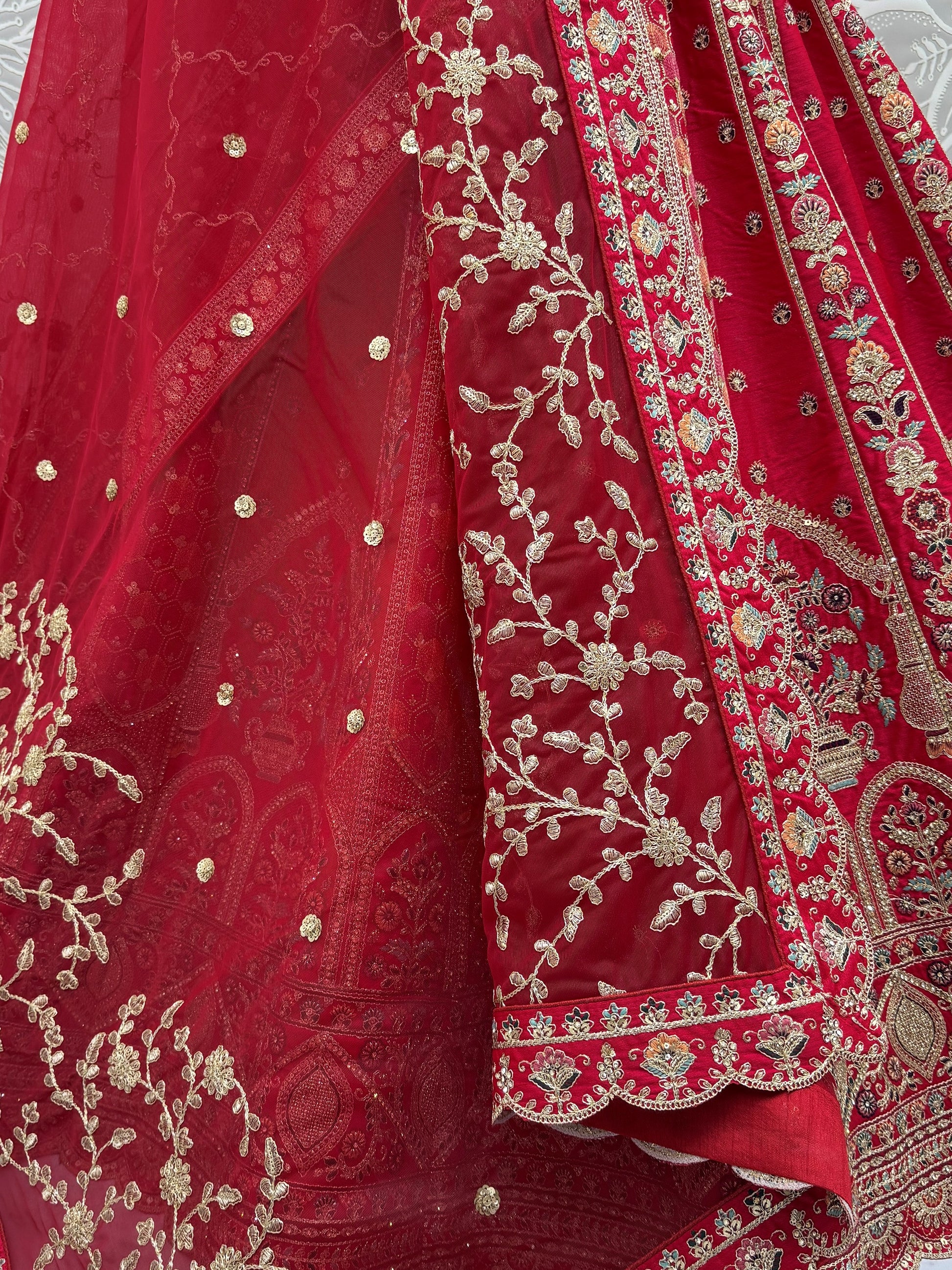 Lovely Red Thread Embroidered Silk Wedding Lehenga Choli With Dupatta