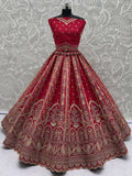 Lovely Red Thread Embroidered Silk Wedding Lehenga Choli With Dupatta