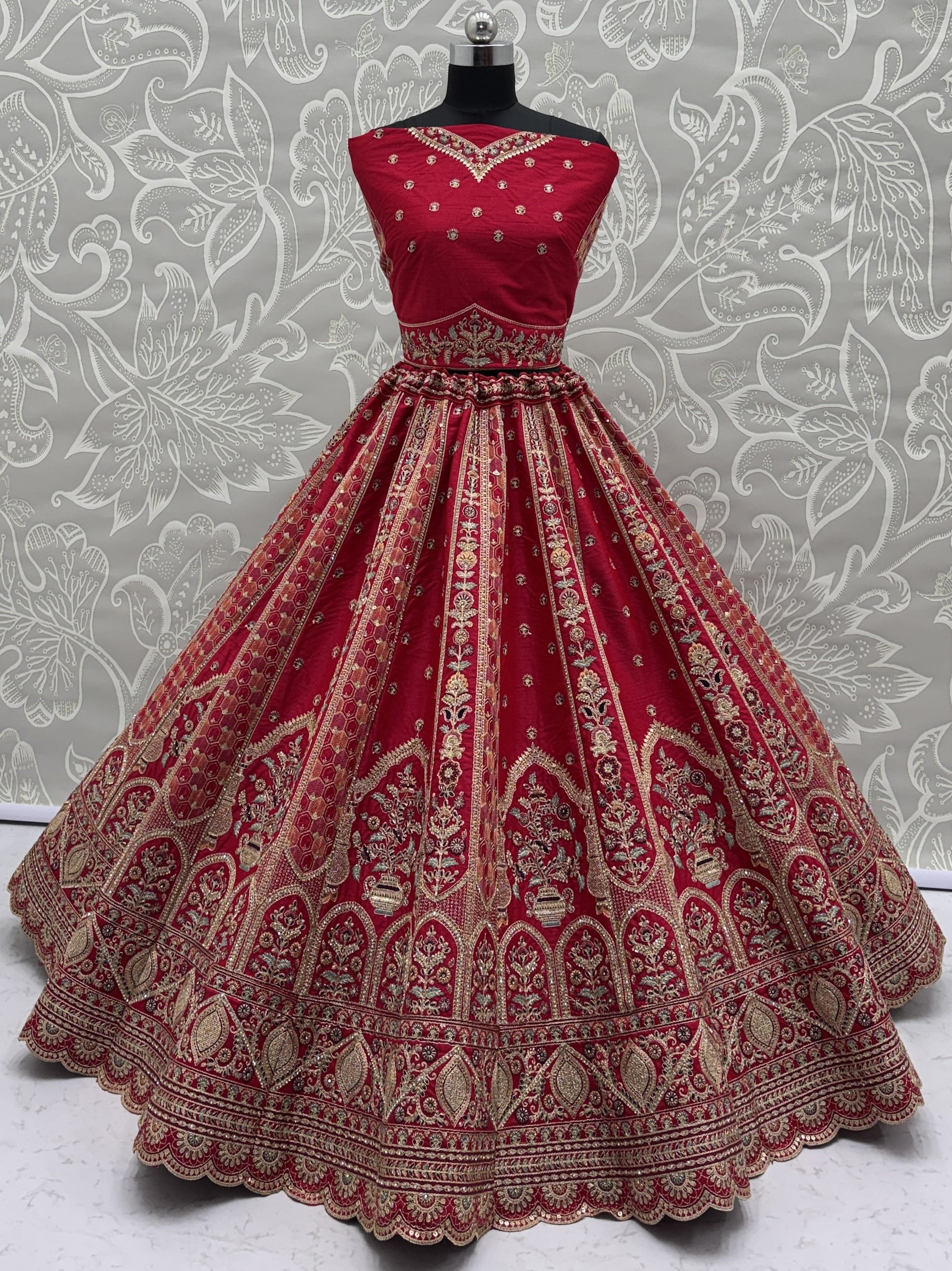 Lovely Red Thread Embroidered Silk Wedding Lehenga Choli With Dupatta