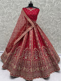 Lovely Red Thread Embroidered Silk Wedding Lehenga Choli With Dupatta