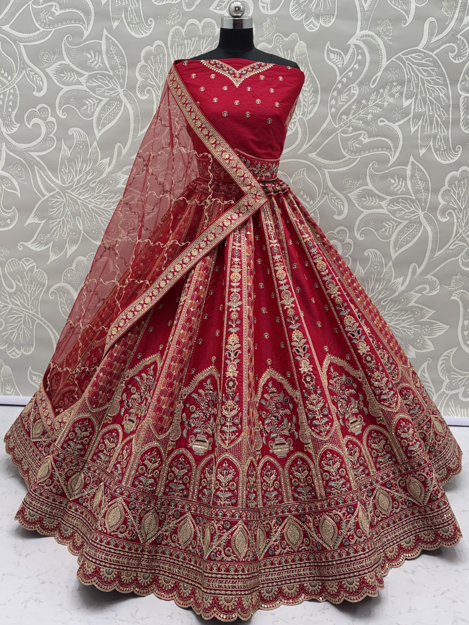 Lovely Red Thread Embroidered Silk Wedding Lehenga Choli With Dupatta