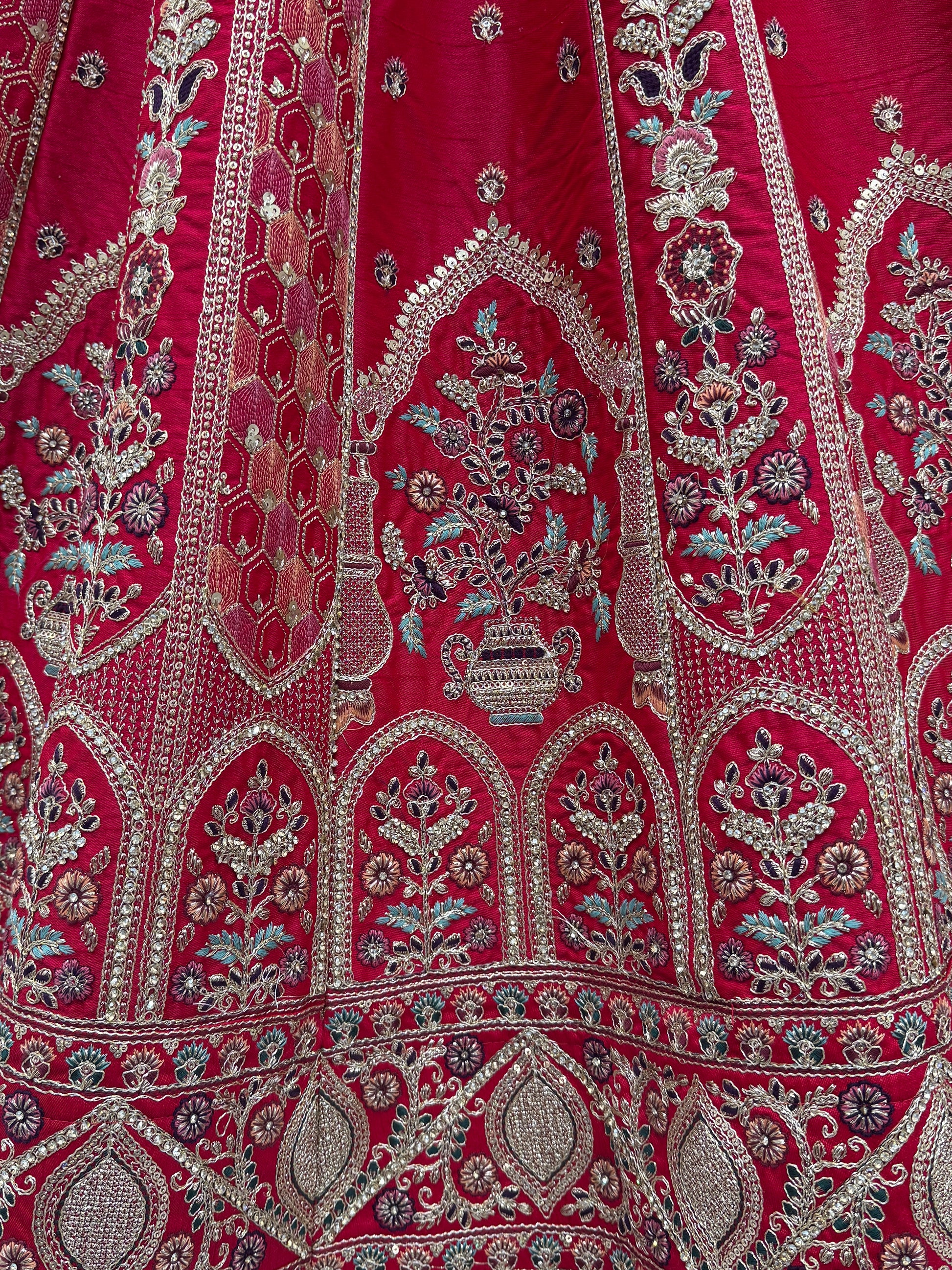 Lovely Red Thread Embroidered Silk Wedding Lehenga Choli With Dupatta