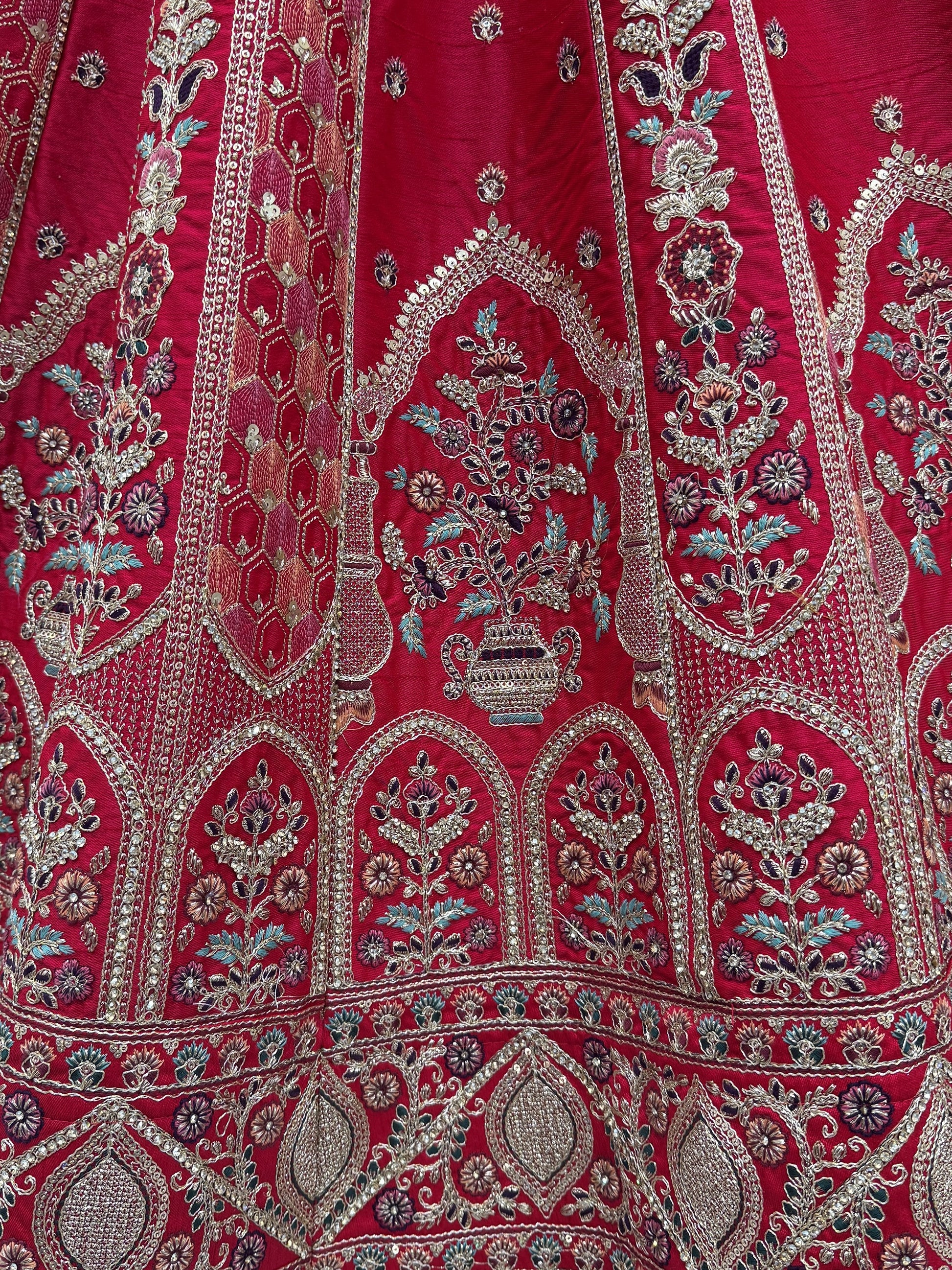 Lovely Red Thread Embroidered Silk Wedding Lehenga Choli With Dupatta
