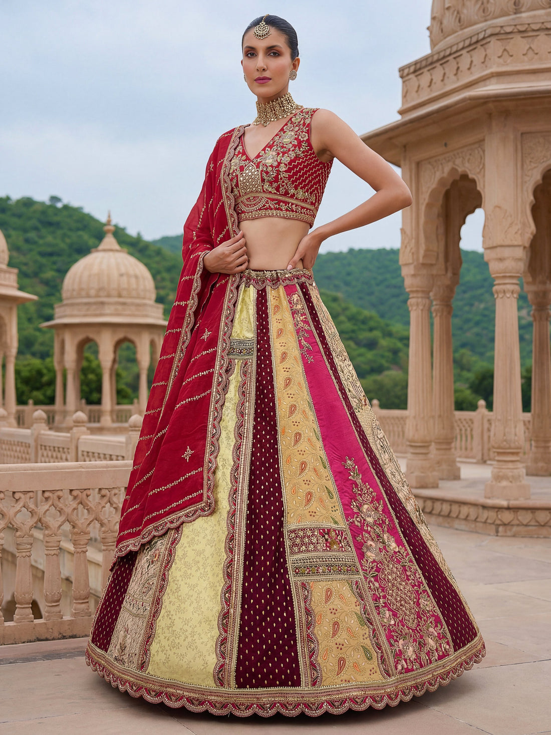 Elegant Multi Color Patch Work Silk Traditional Lehenga Choli With Dupatta