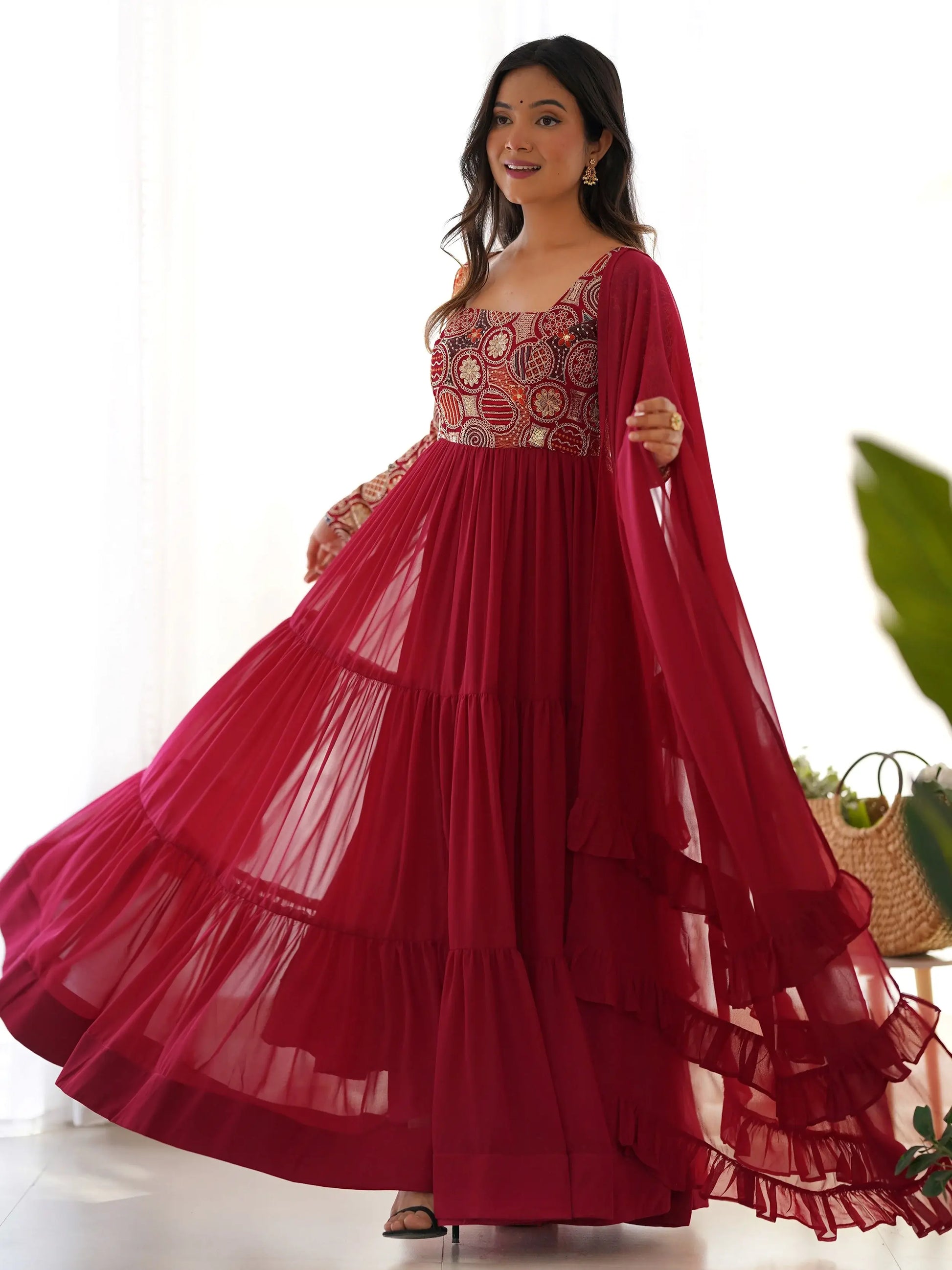 Marvelous Maroon Thread Work Georgette Wedding Wear Anarkali Gown With Dupatta