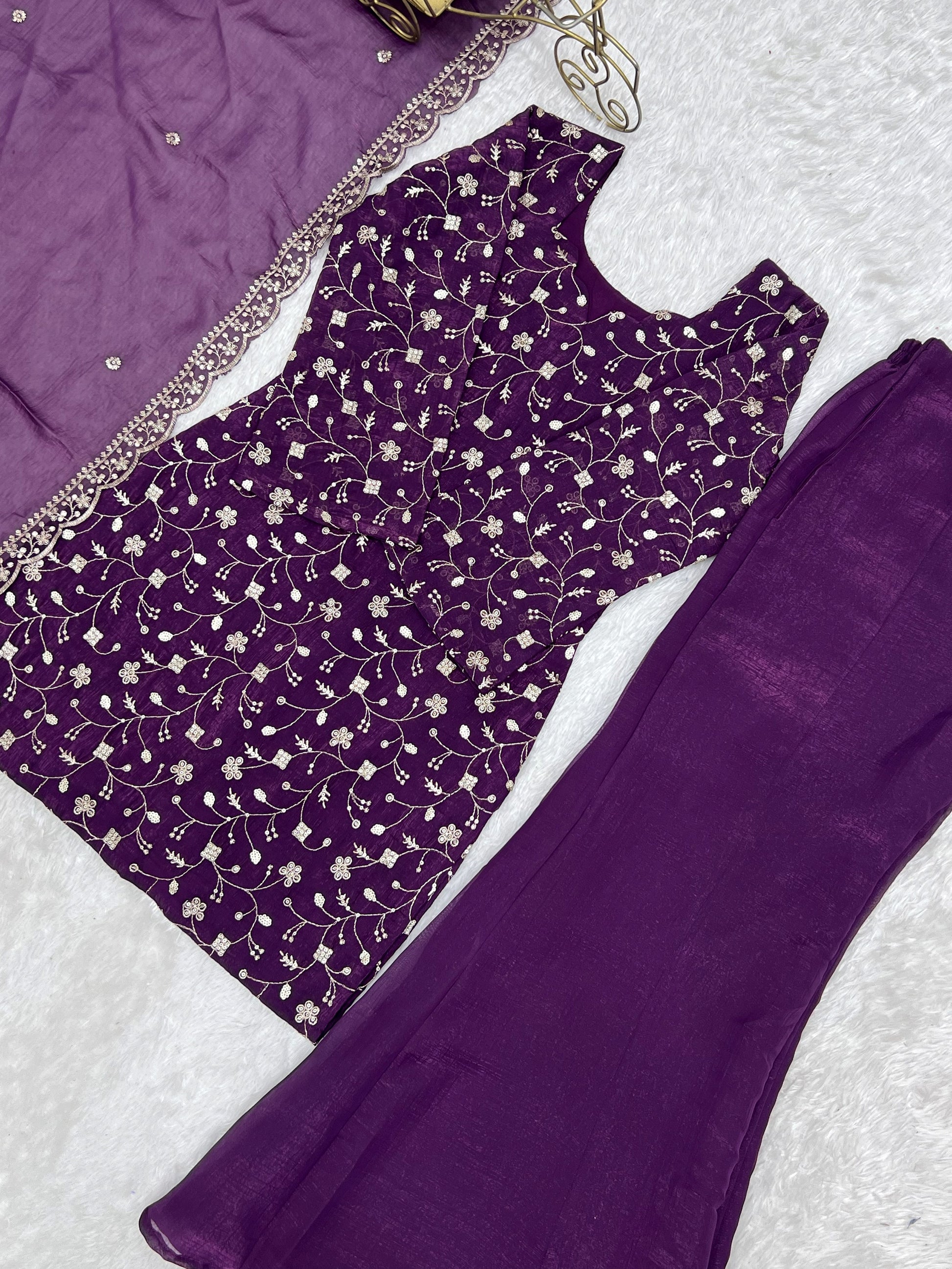 Gorgeous Purple Sequins Silk Festival Wear Pant Suit With Dupatta