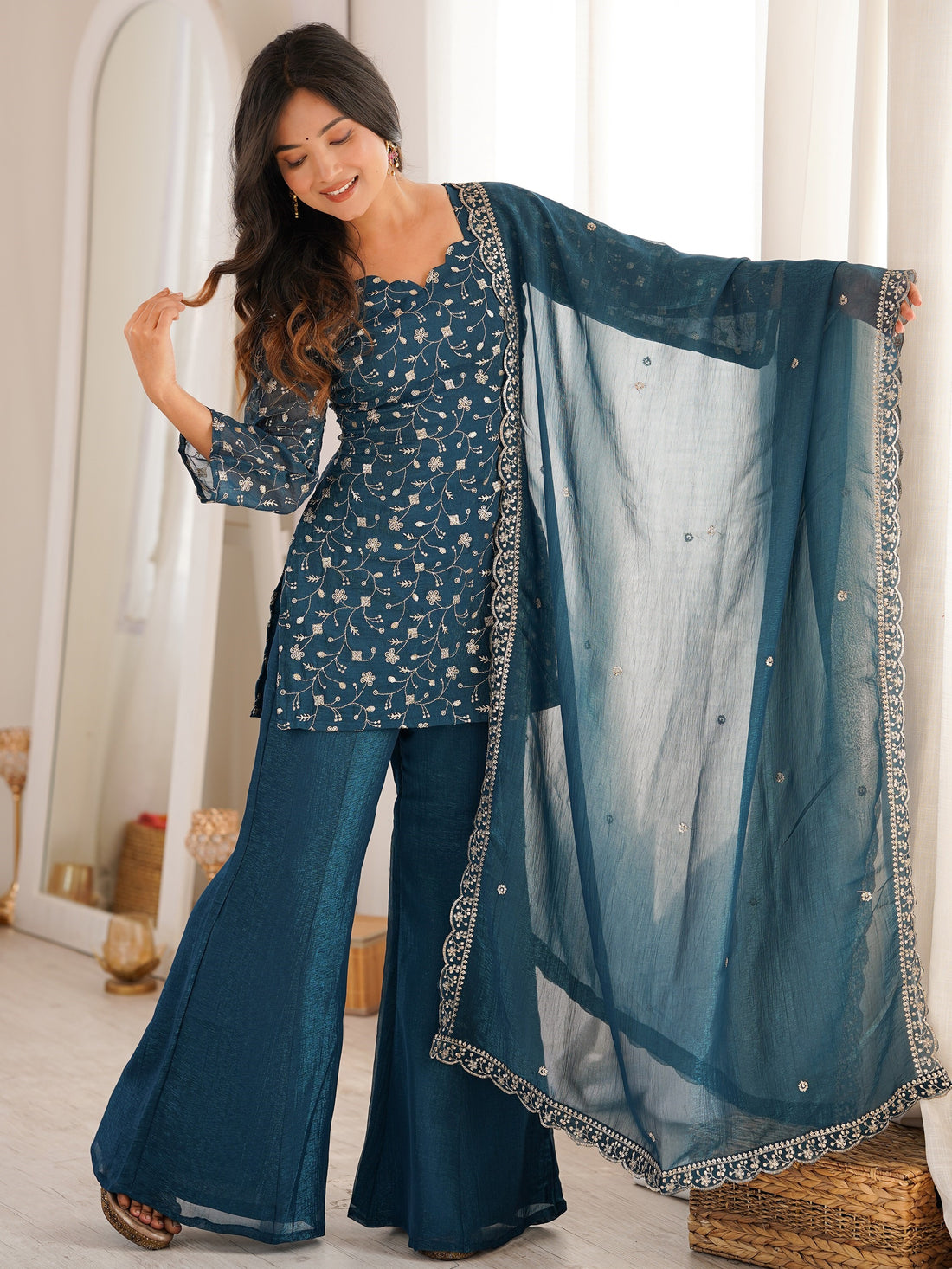 Stunning Teal Blue Embroidered Silk Function Wear Suit With Dupatta
