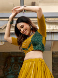 Amazing Mustard Yellow Printed Rayon Navratri Wear Lehenga Choli Set