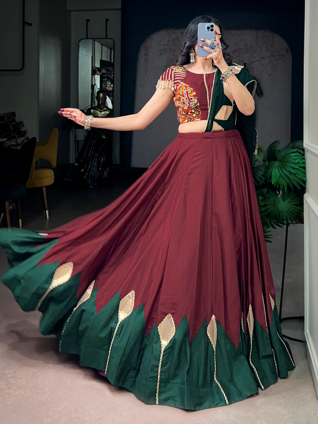 Royal Maroon Gamthi Work Chinon Navratri Wear Lehenga Choli