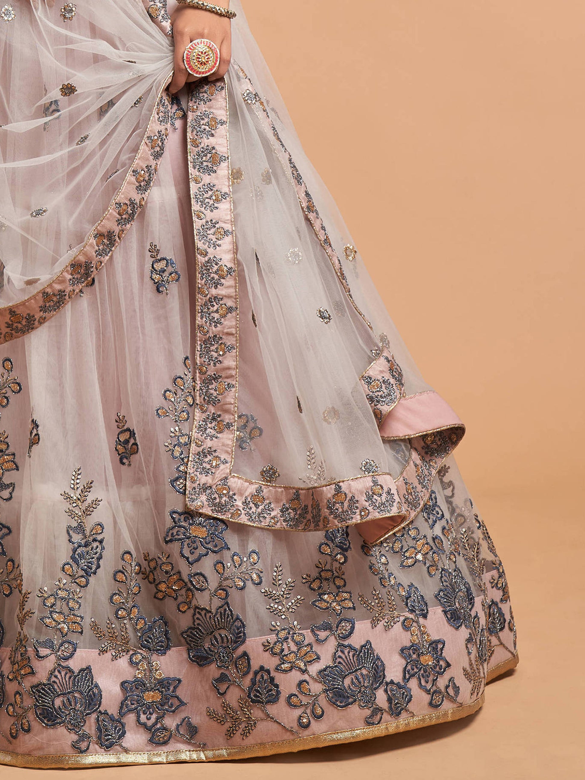 Super Grey Zari Embroidery Net Party Wear Lehenga Choli