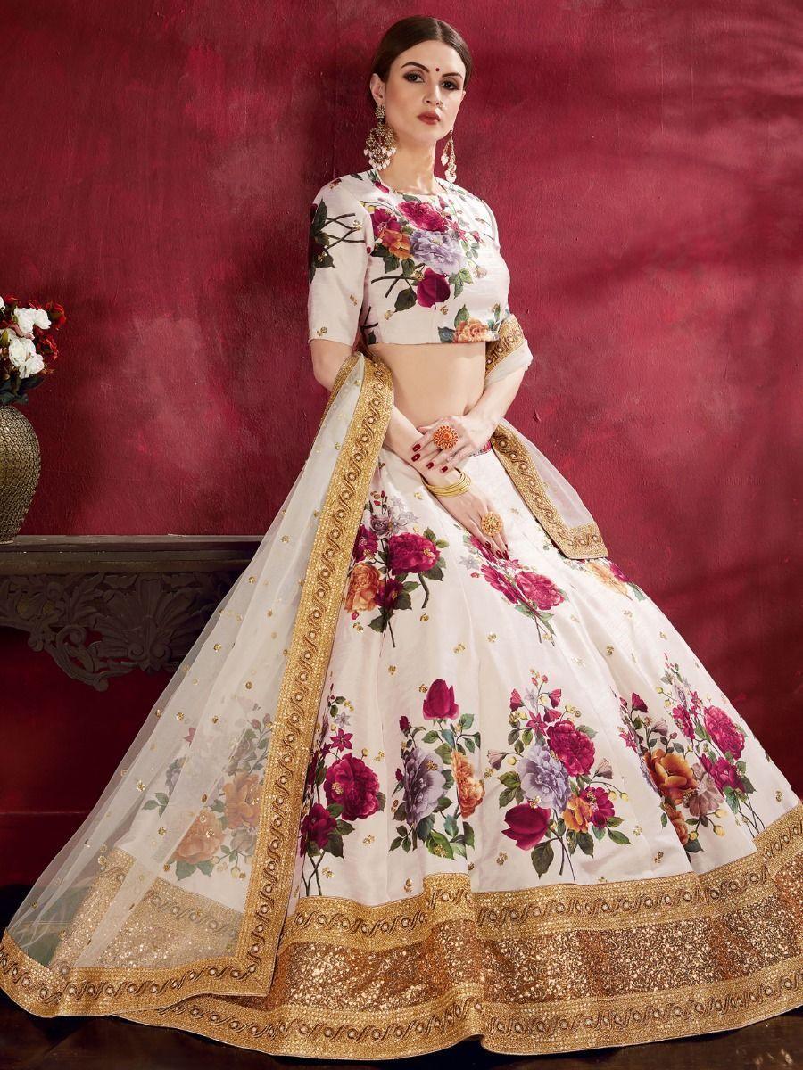 Off-White Floral Print Banglori Silk Wedding Wear Lehenga Choli