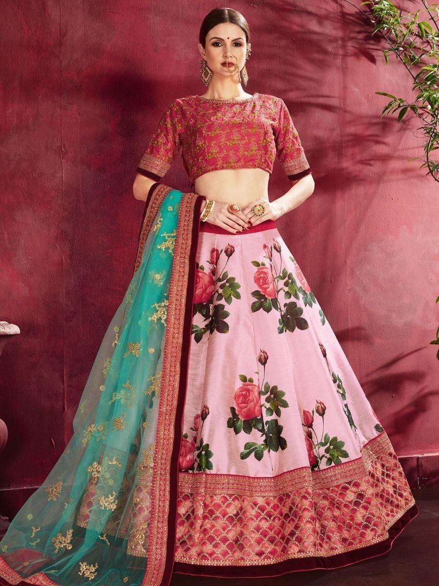 Rose-Pink Floral Print Banglori Silk Wedding Wear Lehenga Choli