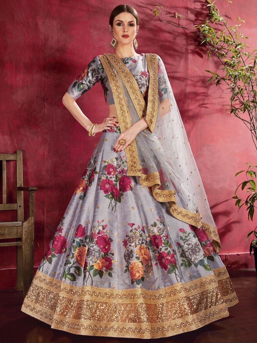 Grey Floral Print Banglori Silk Wedding Wear Lehenga Choli