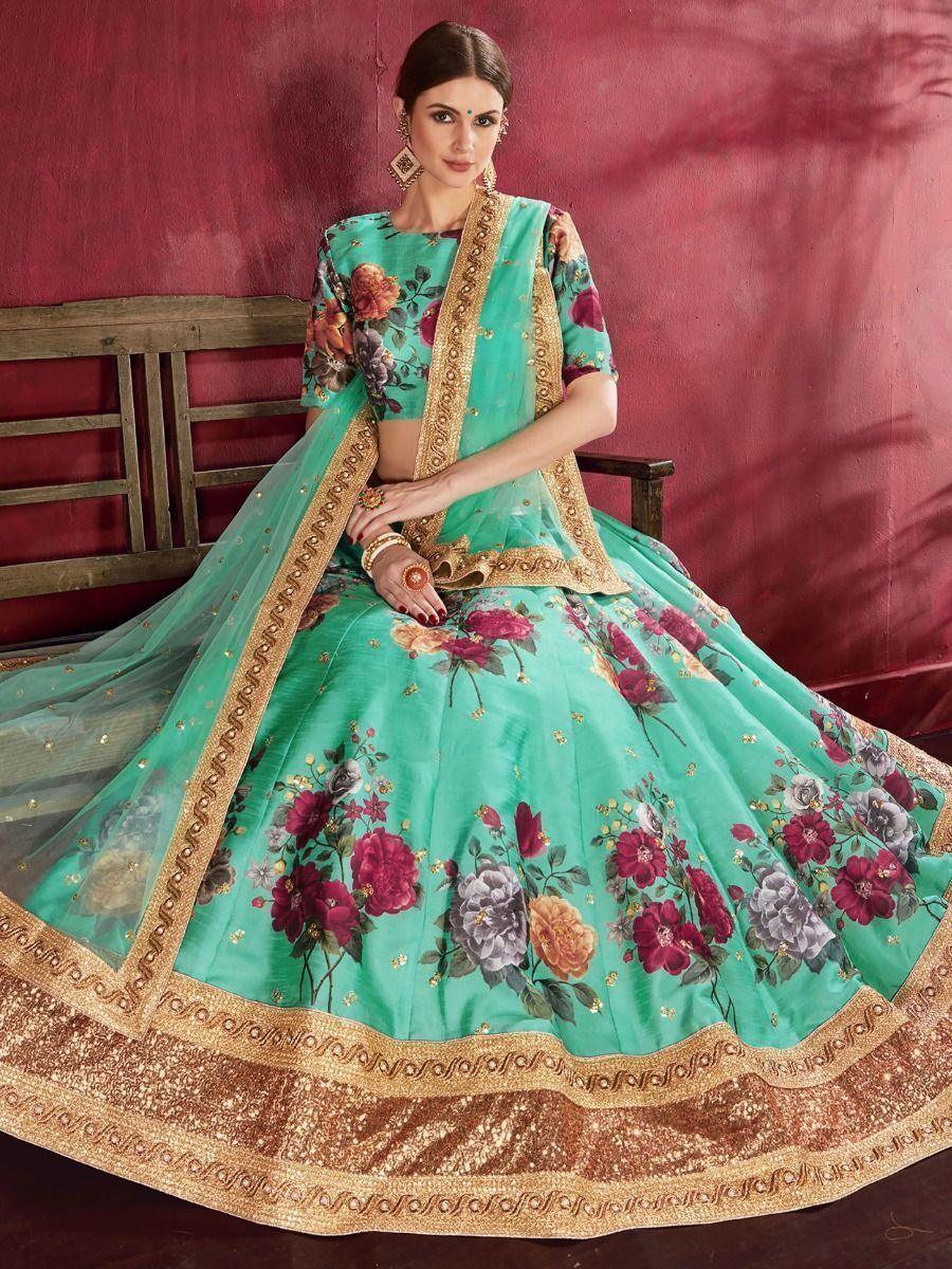 Green Floral Print Banglori Silk Wedding Wear Lehenga Choli