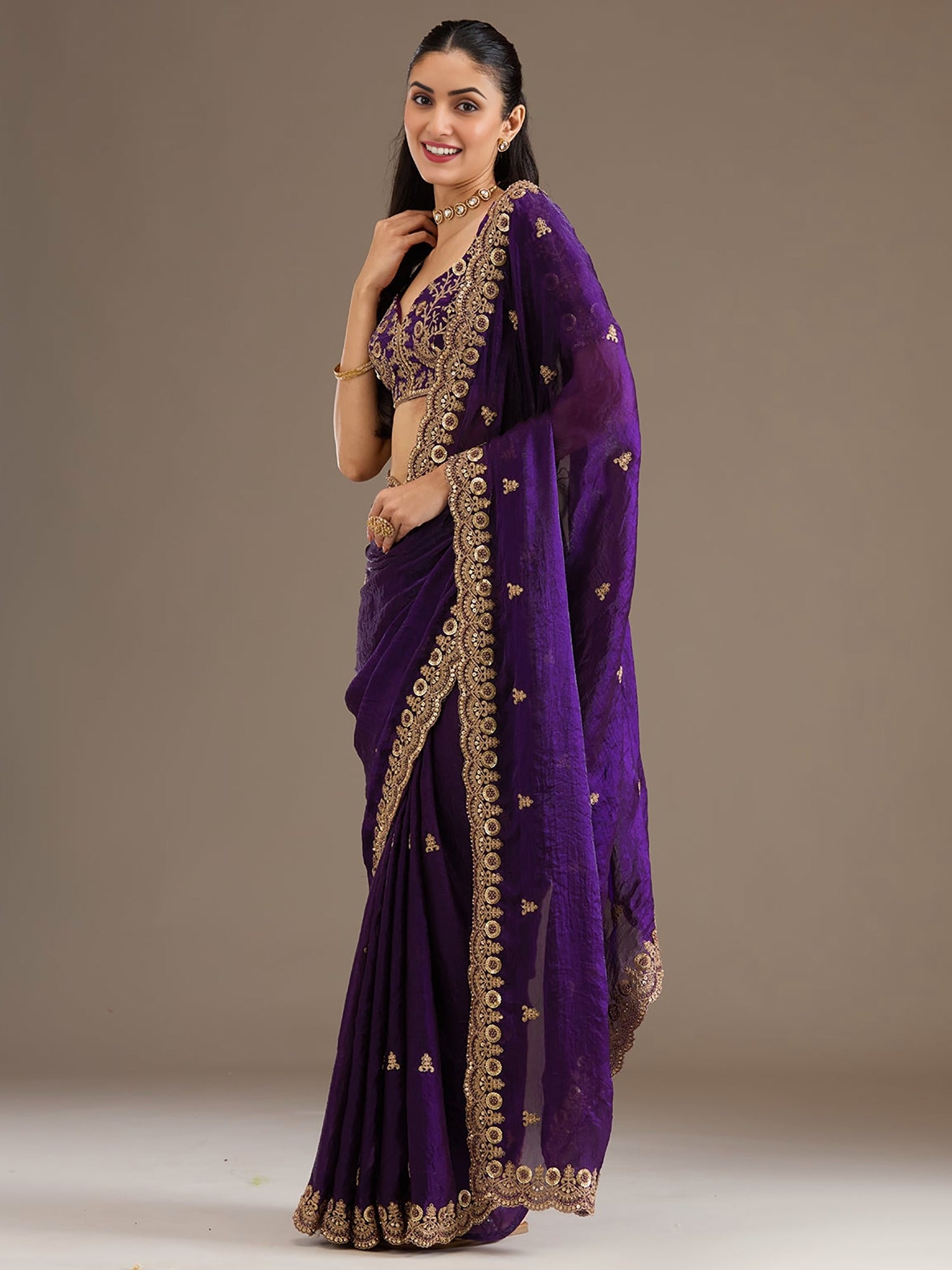 Elegant Purple Thread Work Tissue Wedding Wear Saree With Blouse