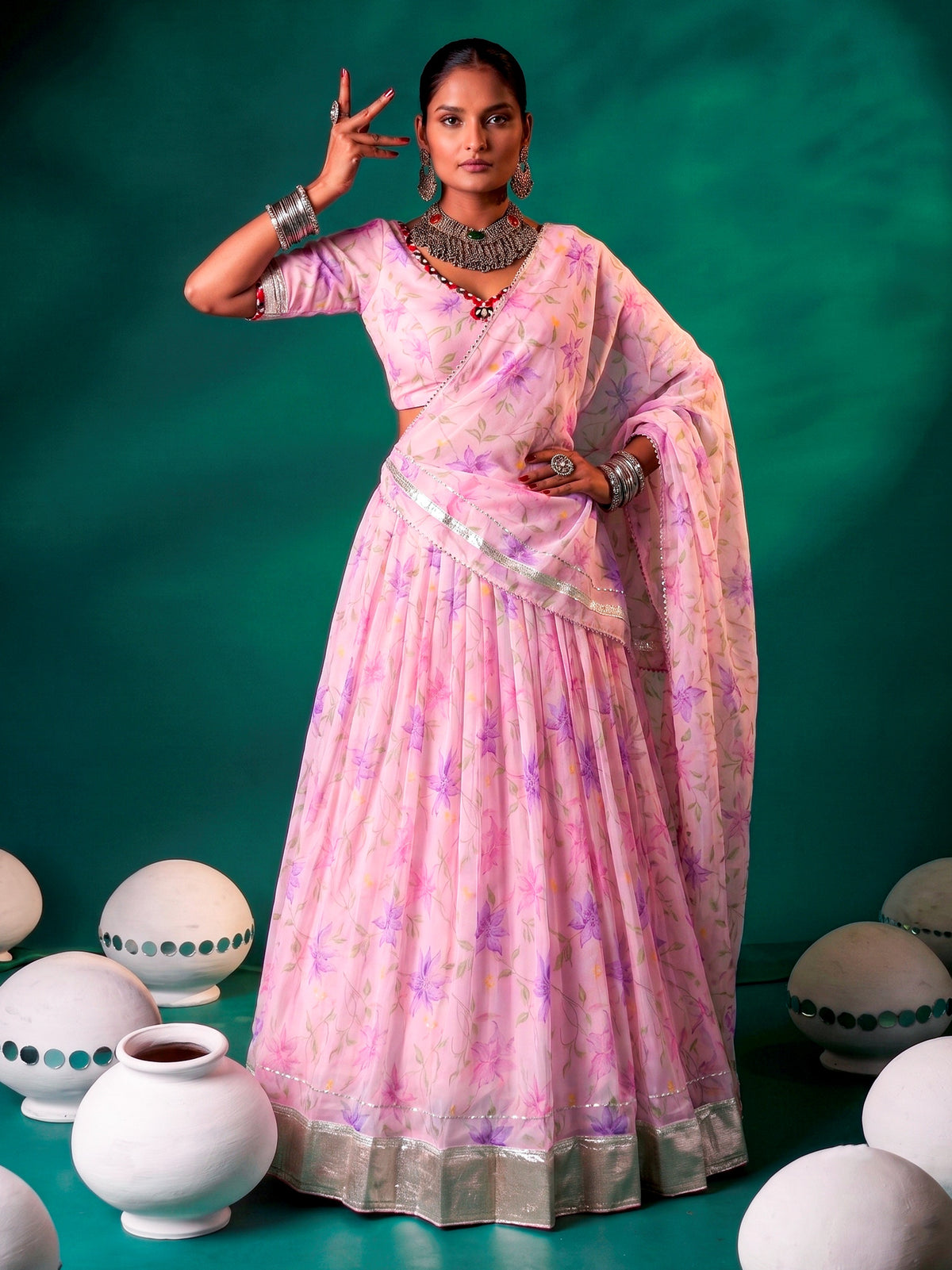 Charming Pink Floral Printed Silk Festival Wear Lehenga Choli