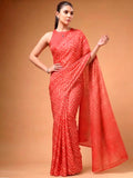 Attractive Coral Red Printed Satin Party Wear Saree With Blouse