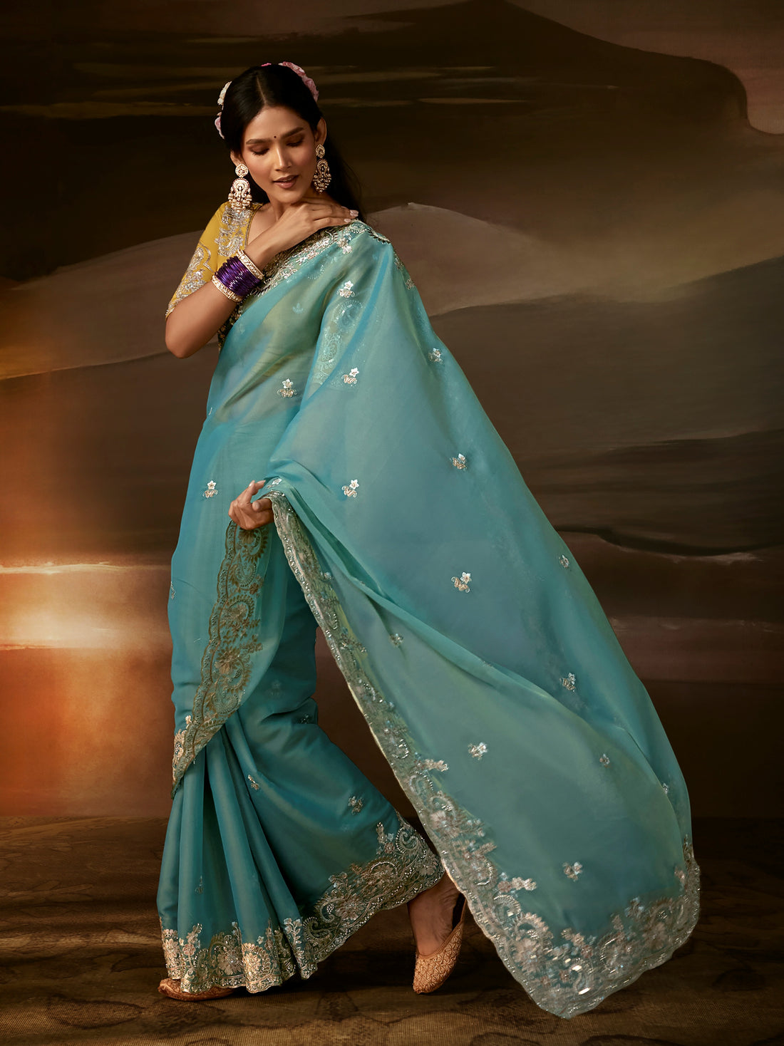 Exquisite Aqua Blue Aari Work Organza Wedding Wear Saree With Blouse