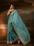 Exquisite Aqua Blue Aari Work Organza Wedding Wear Saree With Blouse