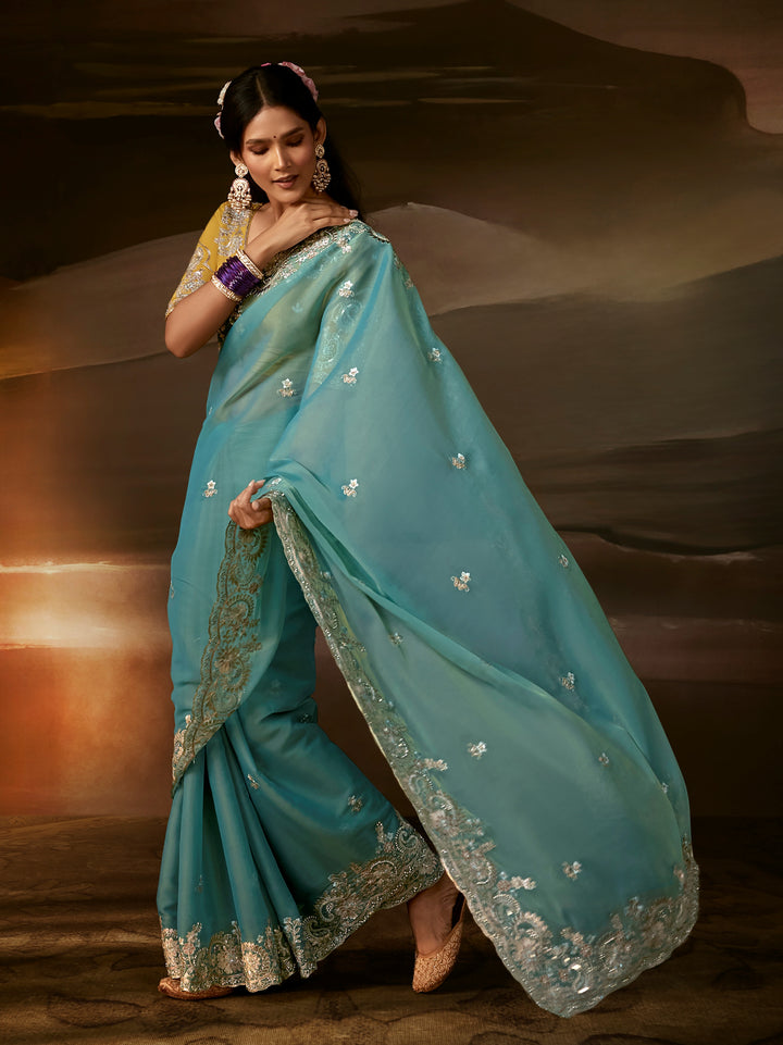 Exquisite Aqua Blue Aari Work Organza Wedding Wear Saree With Blouse