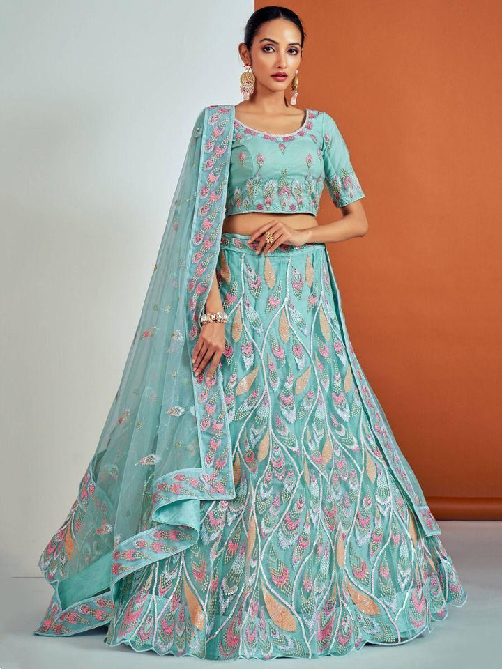 Charming Turquoise Sequin Soft Net Lehenga Choli With Dupatta