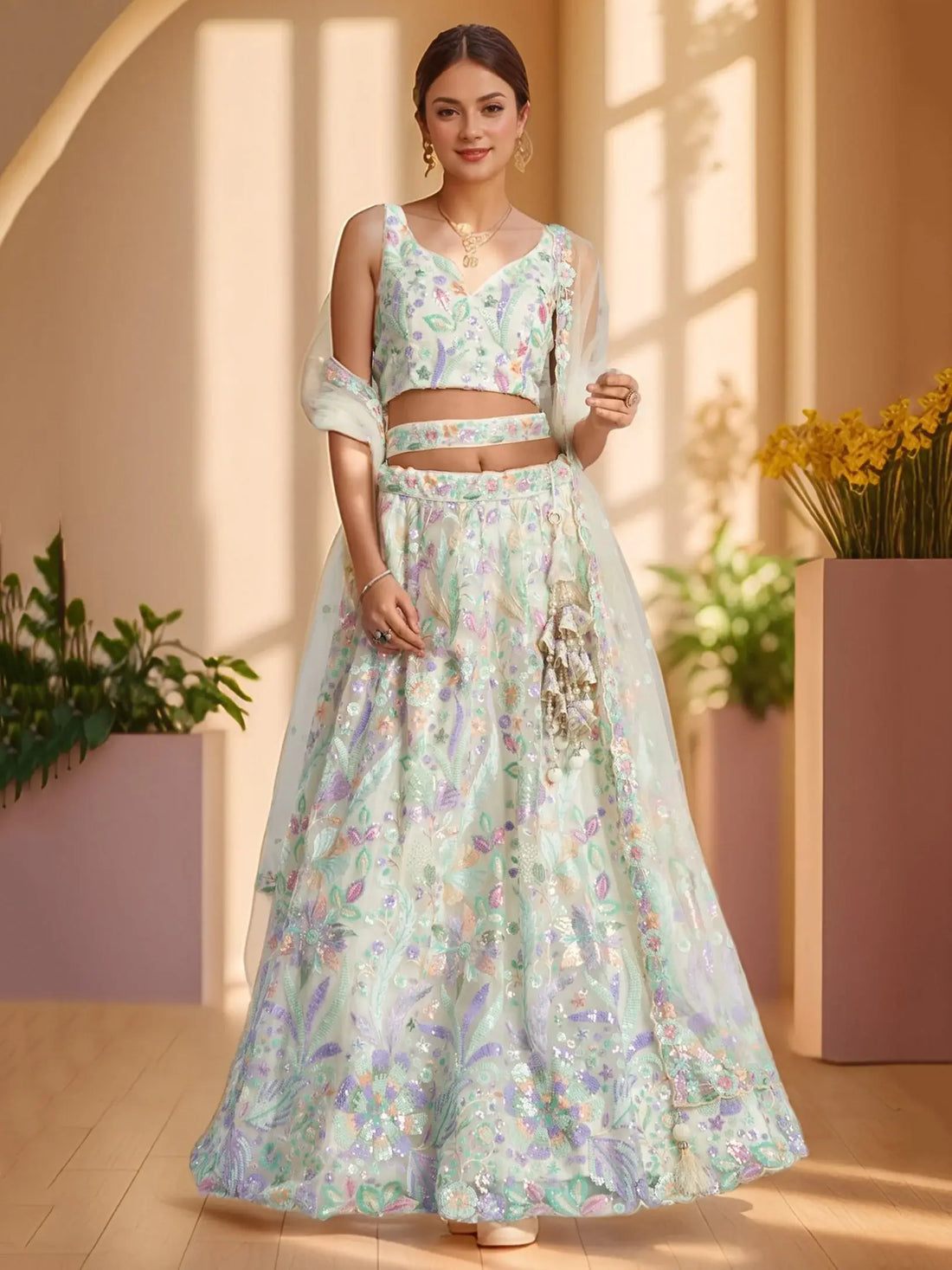 Phenomenal White Sequins Net Evening Wear Lehenga Choli With Dupatta