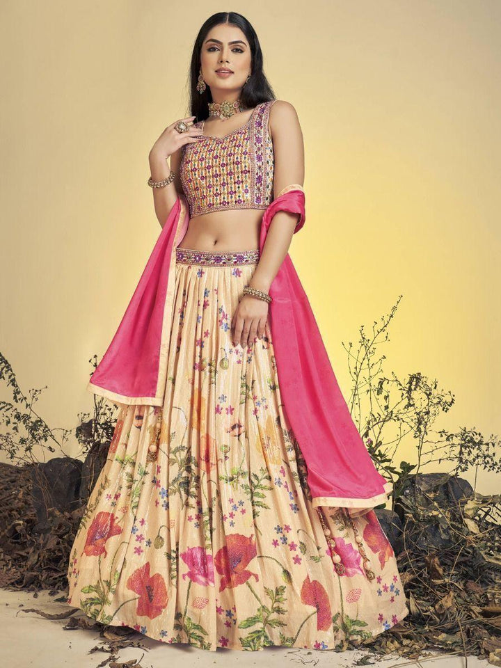 Wonderful Cream Floral Sequins Silk Wedding Wear Lehenga Choli