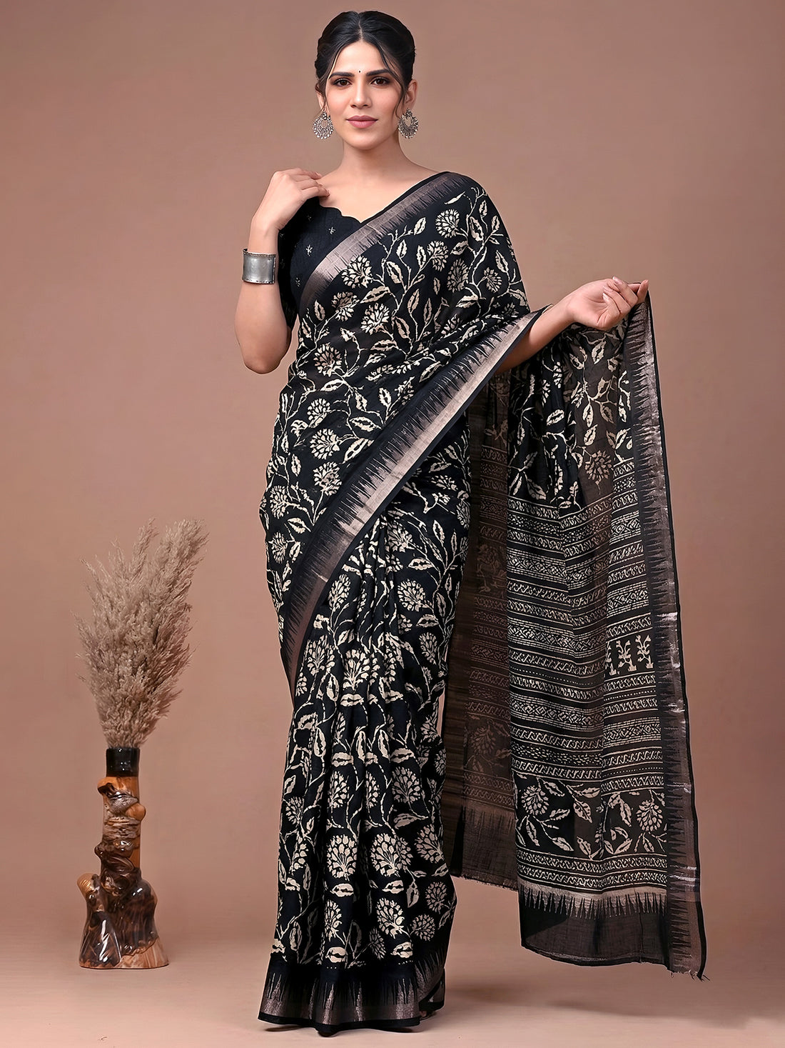 Wonderful Black Floral Printed Silk Casual Wear Saree With Blouse