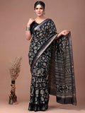 Wonderful Black Floral Printed Silk Casual Wear Saree With Blouse