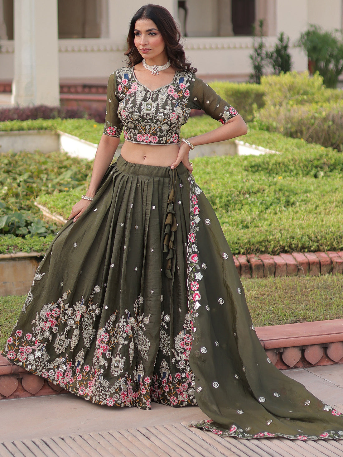 Attractive Olive Green Sequins Crushed Mehendi Wear Lehenga Choli