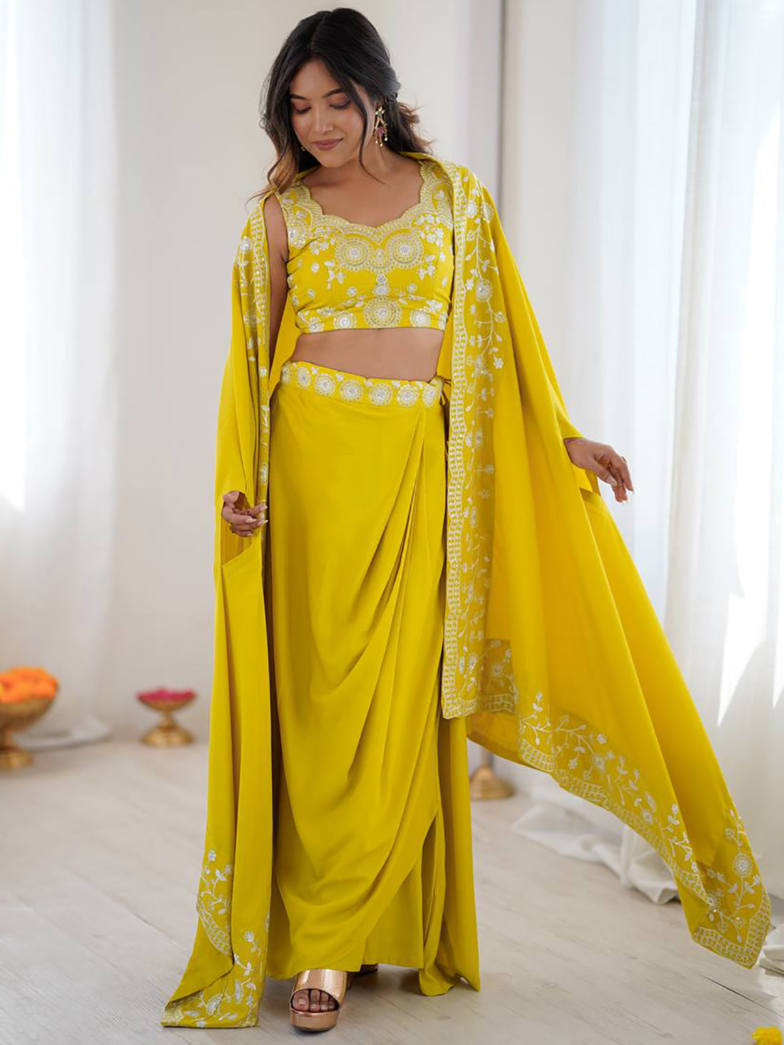Rich Yellow Sequins Crepe Indo-Western Drape Lehenga Set With Shrug