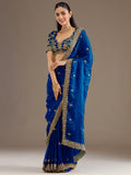 Rich Royal Blue Embroidered Tissue Designer Saree With Blouse
