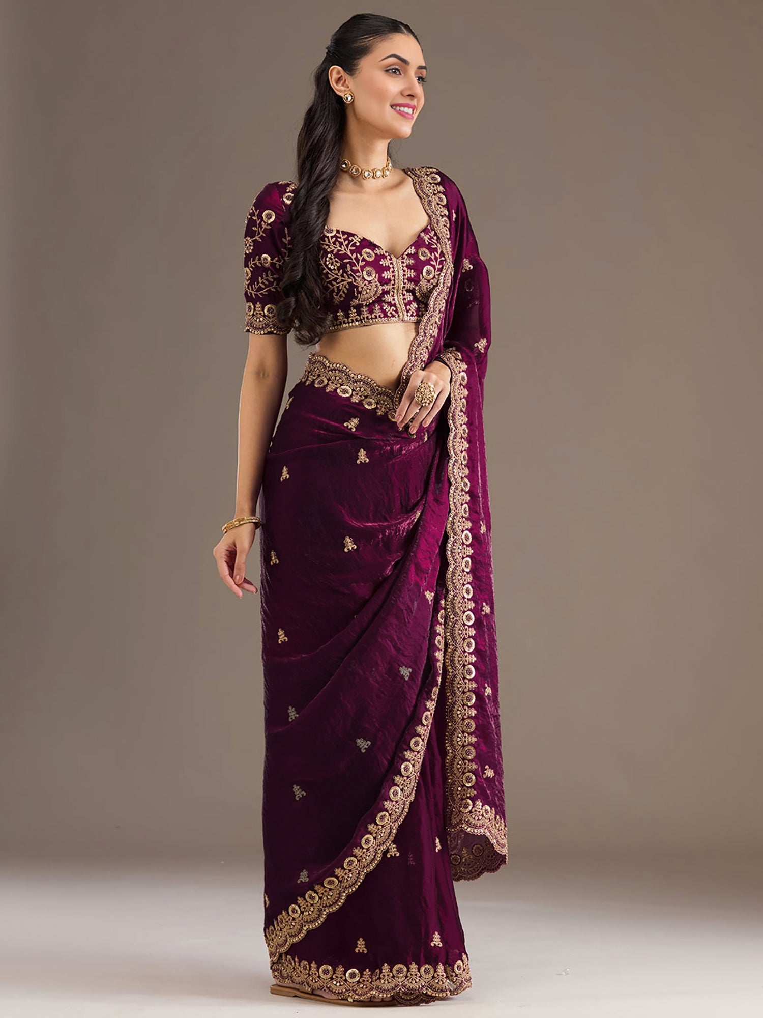 Wonderful Wine Sequins Embroidered Tissue Party Wear Saree With Blouse
