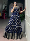 Marvelous Navy Blue Zari Weaving Cotton Festive Wear Gown